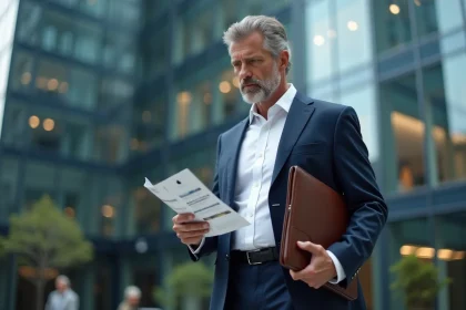 Professionnel tenant une brochure de marque concurrente devant un immeuble de bureaux moderne, illustrant la comparaison entre Delpherm et les grandes marques du marché