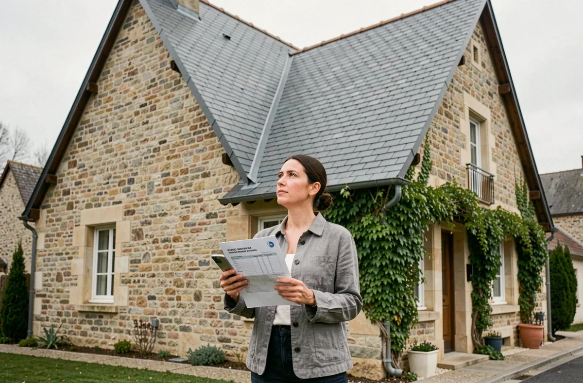 Propriétaire évaluant le coût de rénovation de sa toiture en tuiles devant sa maison