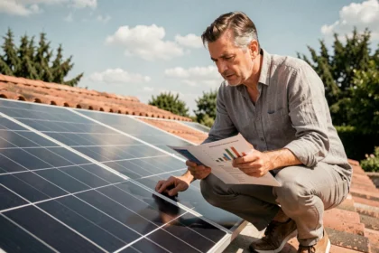 Propriétaire inspecte des panneaux solaires monocristallins sur le toit d'une maison résidentielle avec un graphique de consommation énergétique
