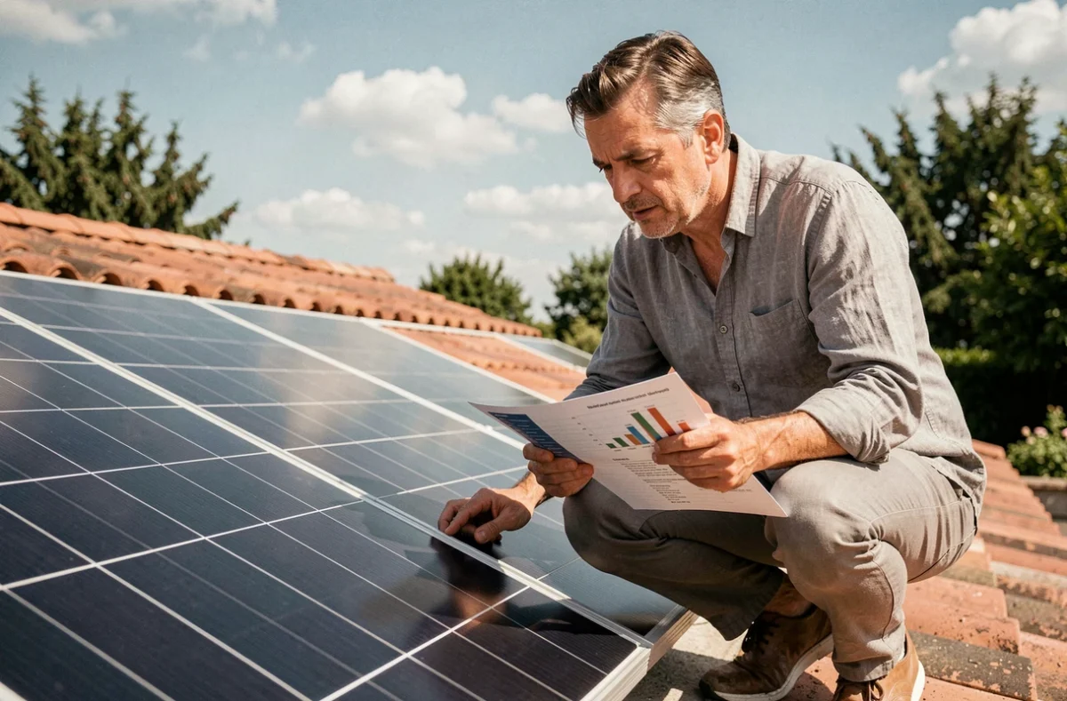 Propriétaire inspecte des panneaux solaires monocristallins sur le toit d'une maison résidentielle avec un graphique de consommation énergétique