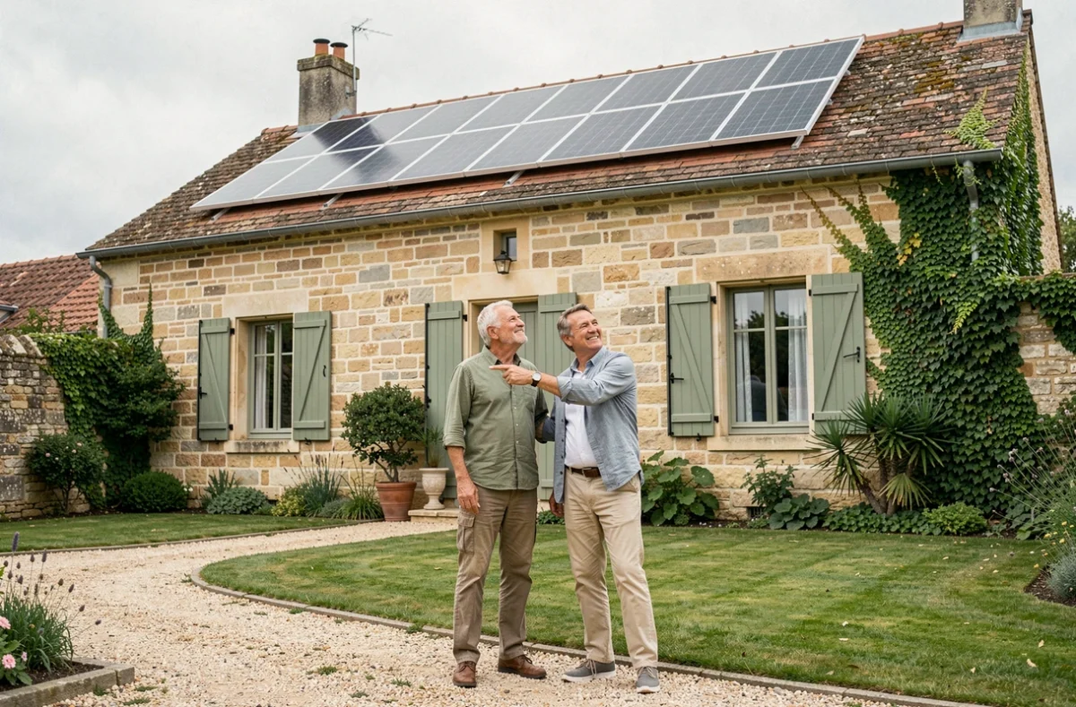 Couple de propriétaires admirant leurs panneaux solaires nouvellement installés sur leur maison charentaise à La Rochelle