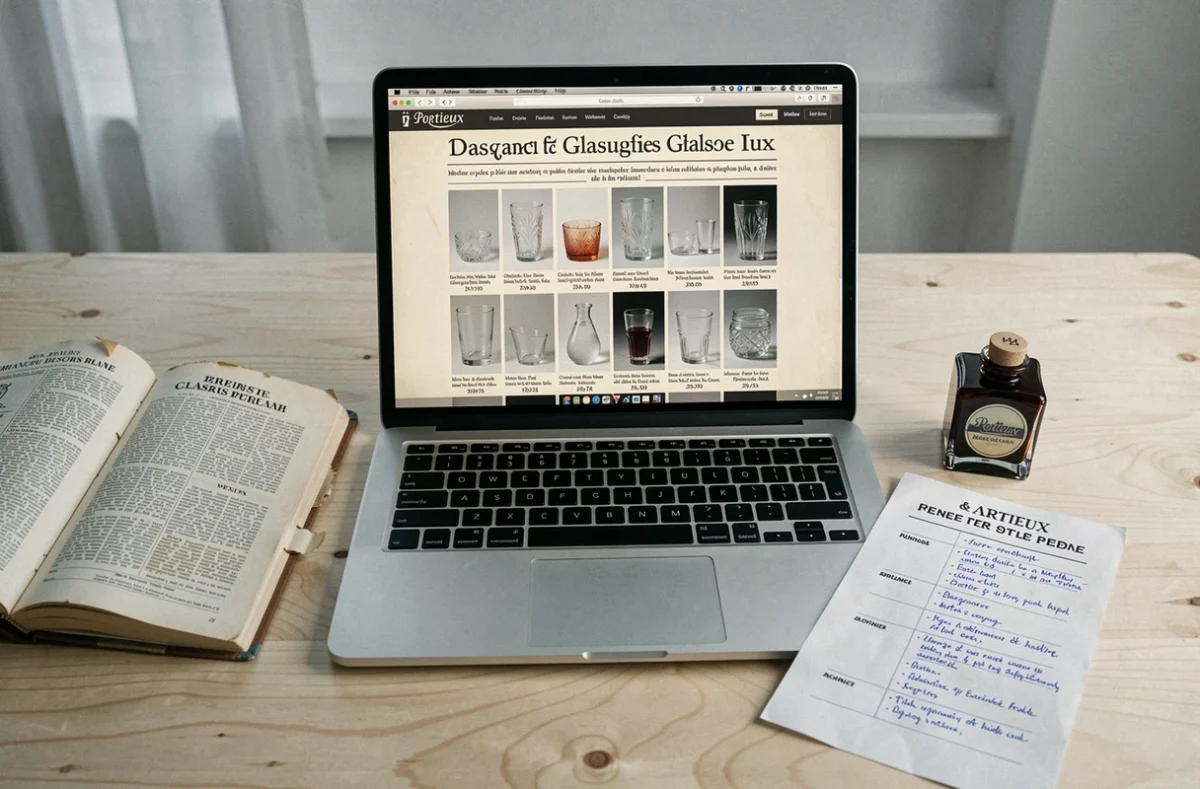 Bureau de recherche avec ordinateur affichant des annonces en ligne de verrerie ancienne, catalogue d'identification Portieux ouvert et pièces de référence annotées