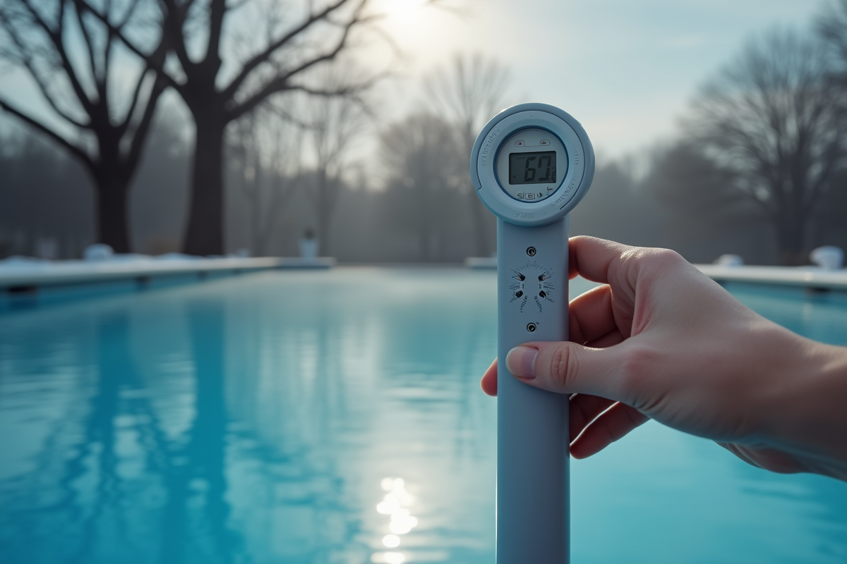 Main ajustant un thermomètre digital de piscine en hiver