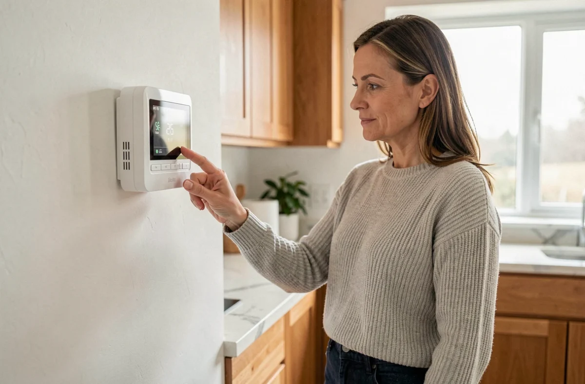 Femme réglant le thermostat connecté d'une pompe à chaleur dans une cuisine moderne et lumineuse
