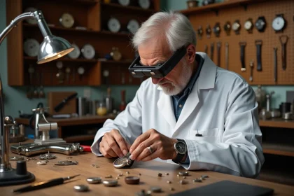 Horloger professionnel remplaçant la pile d'une montre analogique dans son atelier d'horlogerie