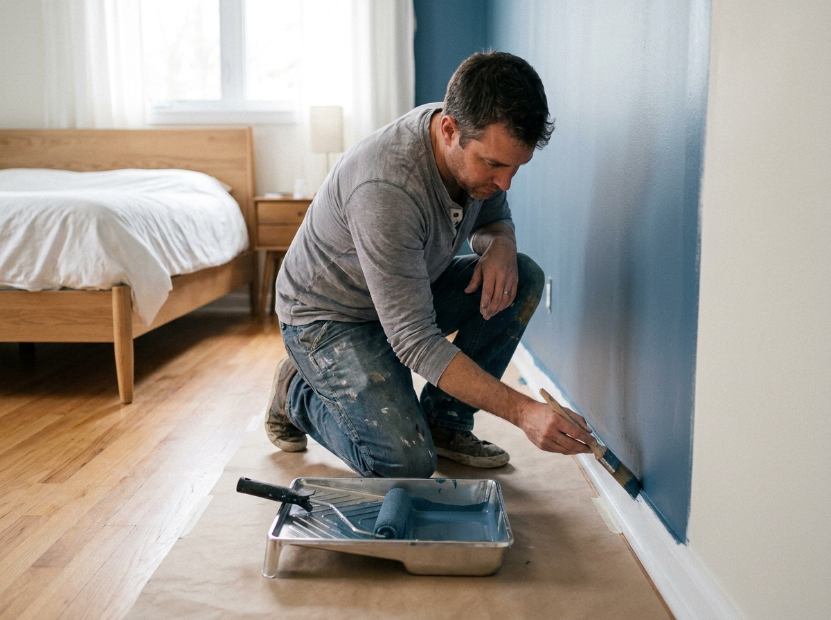 Homme appliquant de la peinture bleue sur un mur de chambre à coucher lors de travaux de rénovation maison
