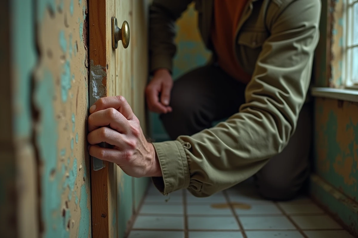 Gros plan des mains d'un bricoleur appliquant de l'enduit de rebouchage sur un cadre de porte en bois ancien