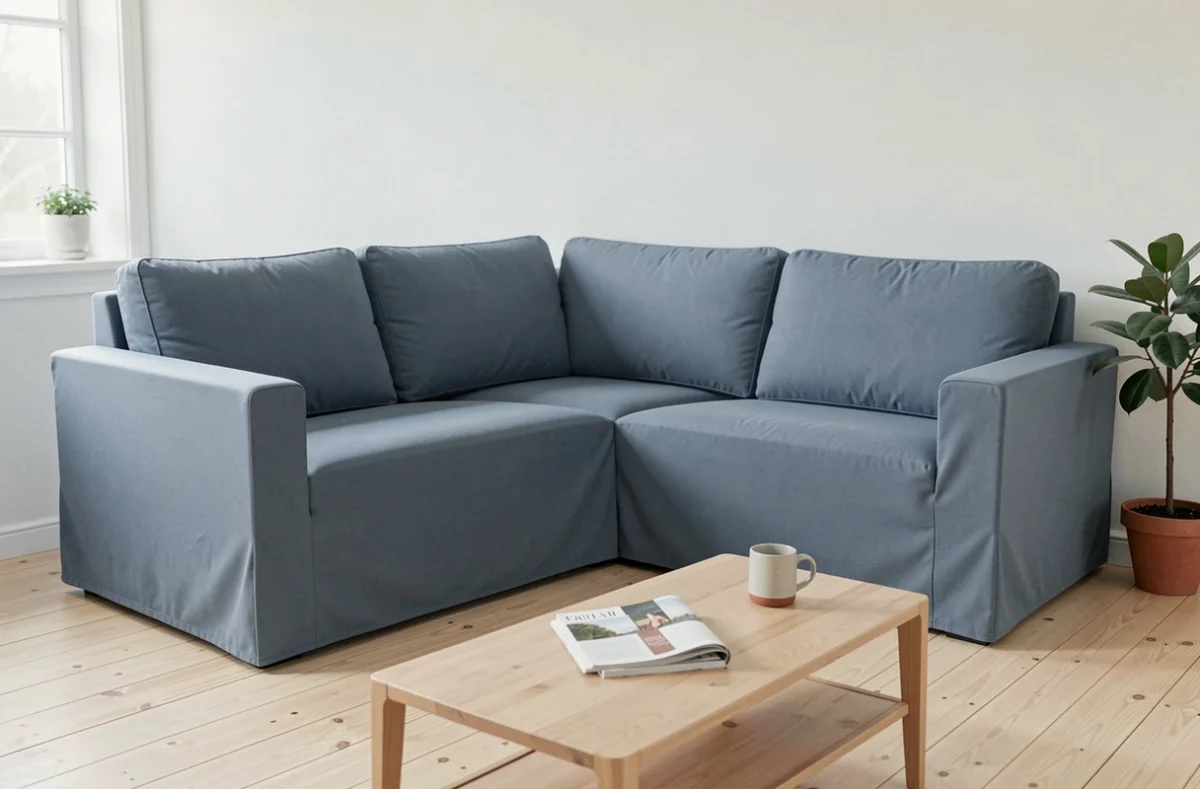 Canapé en L parfaitement recouvert d'une housse bleue sans plis dans un salon de style scandinave épuré