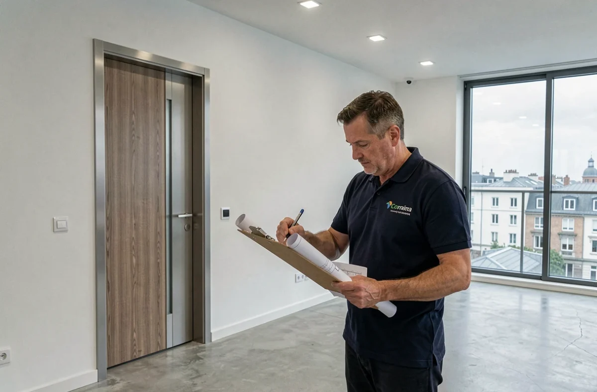 Technicien de Safe Home à Metz inspectant une porte composite aluminium-bois nouvellement installée dans un appartement contemporain avec vue sur la ville