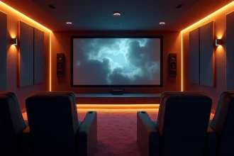 Salle de cinéma maison avec écran mural, fauteuils inclinables marine et panneaux acoustiques anthracite