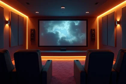 Salle de cinéma maison avec écran mural, fauteuils inclinables marine et panneaux acoustiques anthracite
