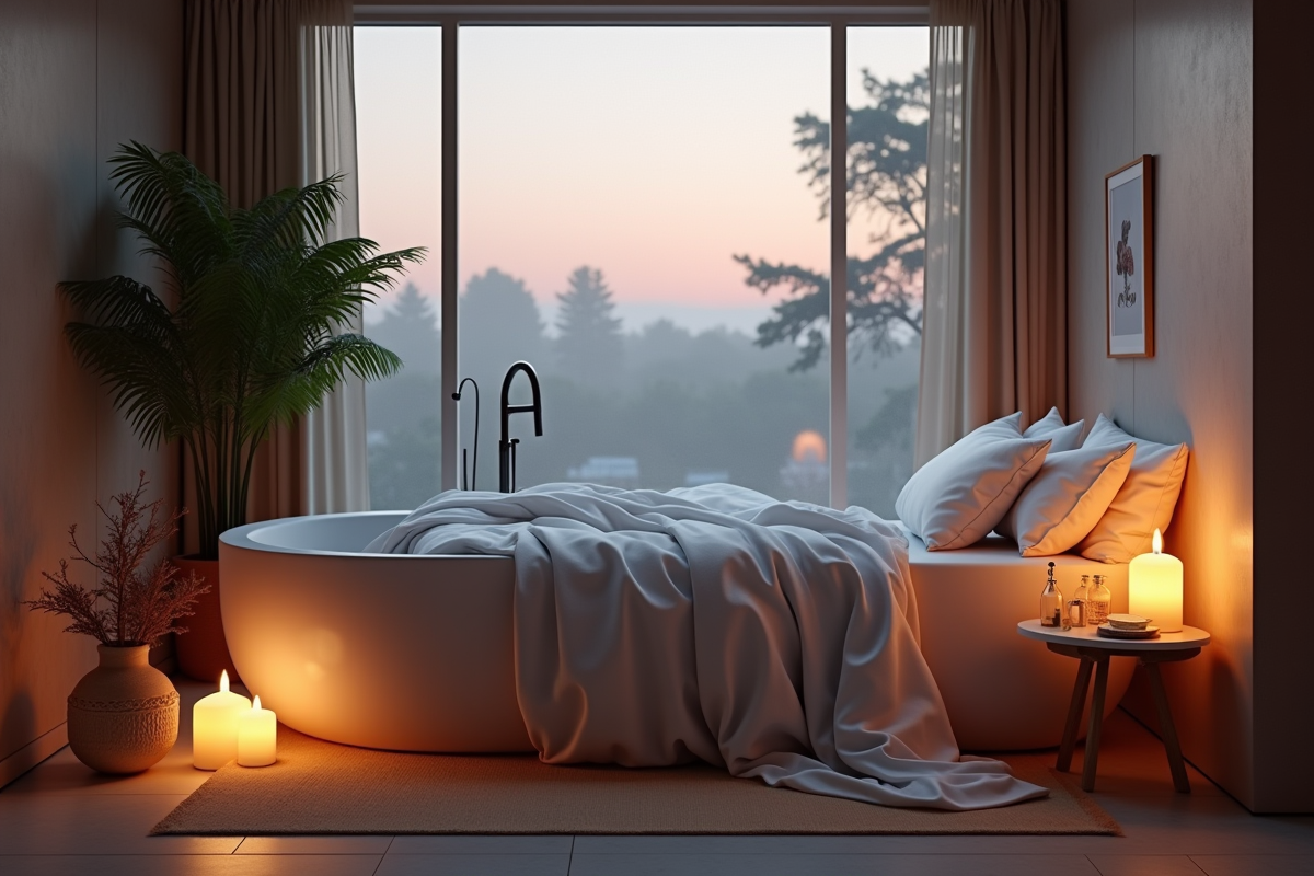 Salle de bain moderne au crépuscule avec baignoire et lit cosy