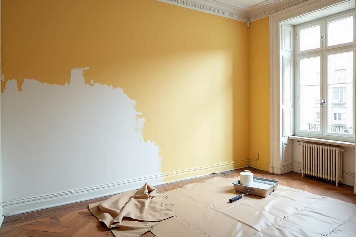 Salon d'appartement haussmannien en cours de rénovation avec peinture murale et matériel de bricolage