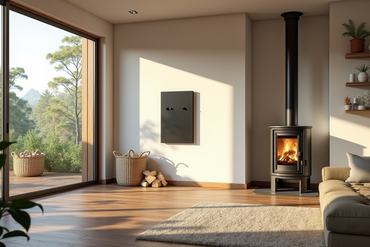 Salon moderne avec poele a bois et panneaux solaires