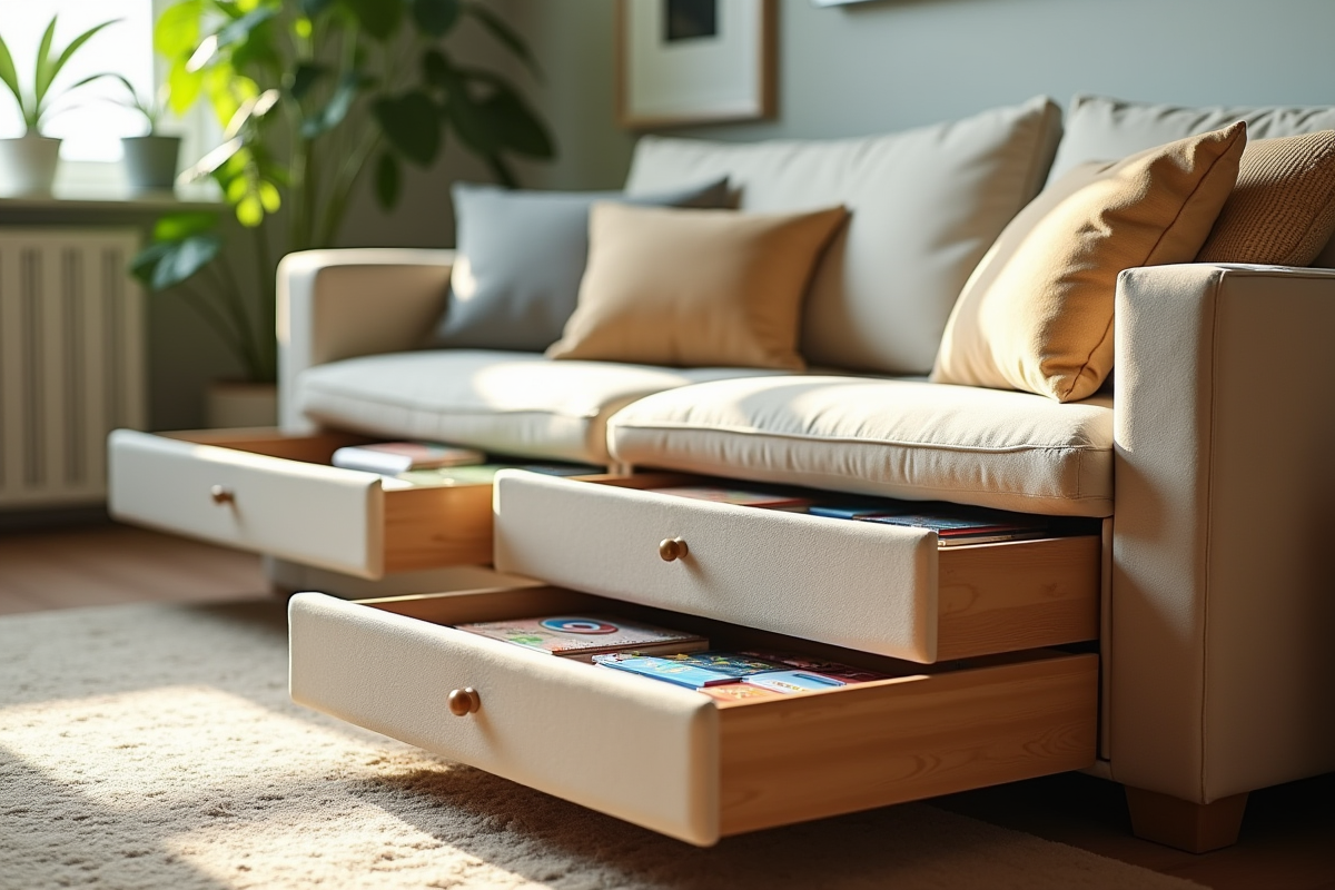 Coin famille avec canapé beige et rangements pour jeux et livres