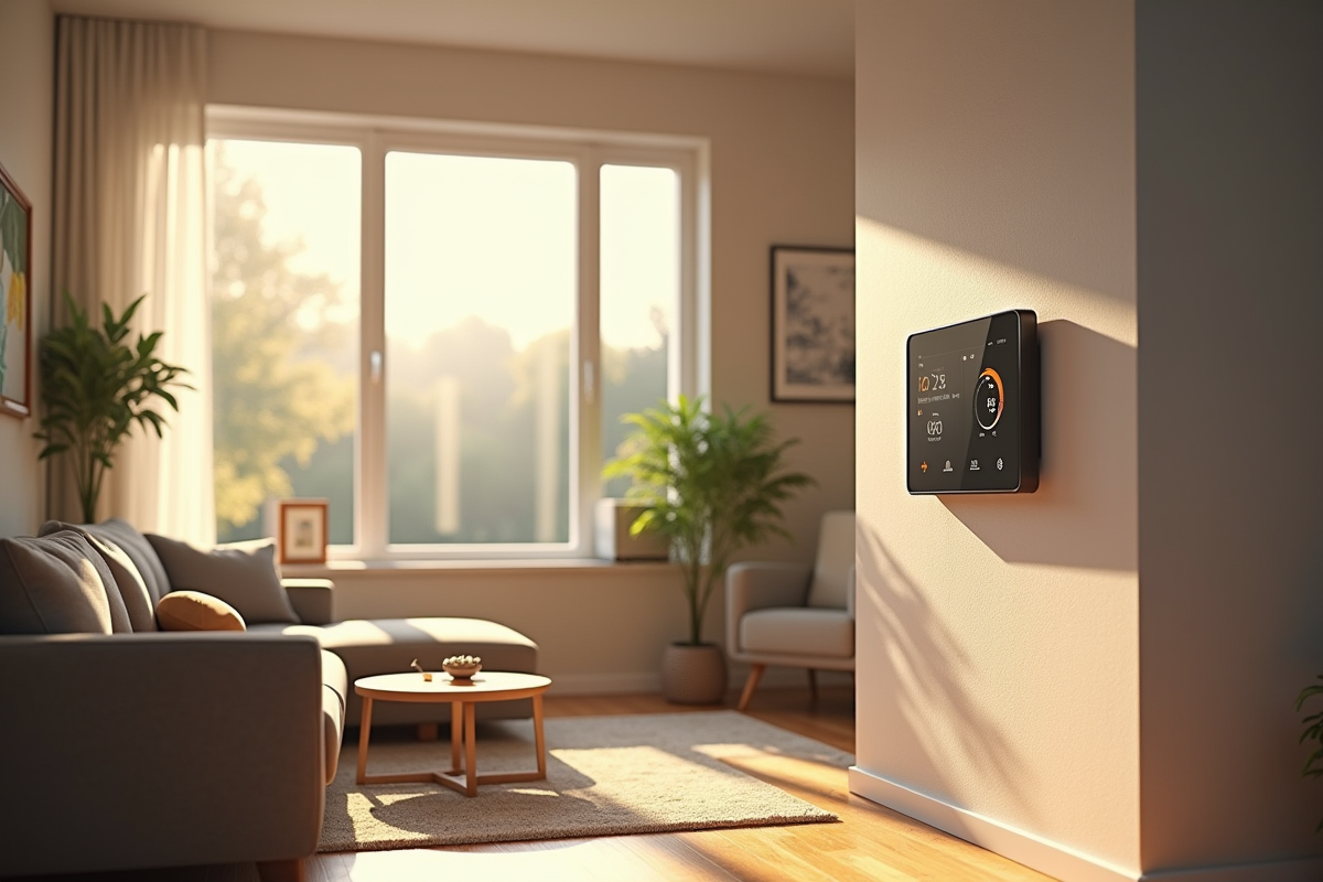 Salon moderne avec fenêtres double vitrage et thermostat intelligent