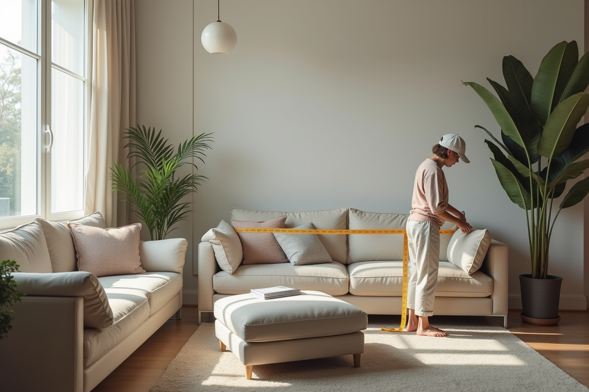 Salon moderne avec personne mesurant un grand canapé