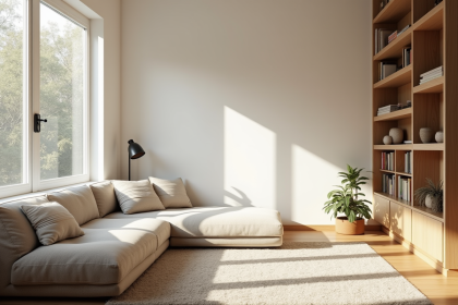 Salon lumineux et organisé avec décor minimaliste