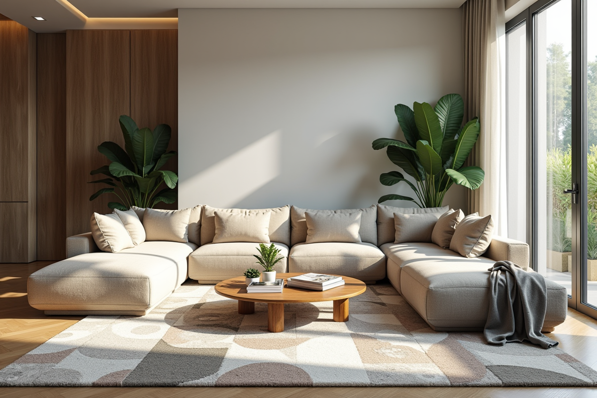 Salon moderne avec tapis géométrique et canapé modulable