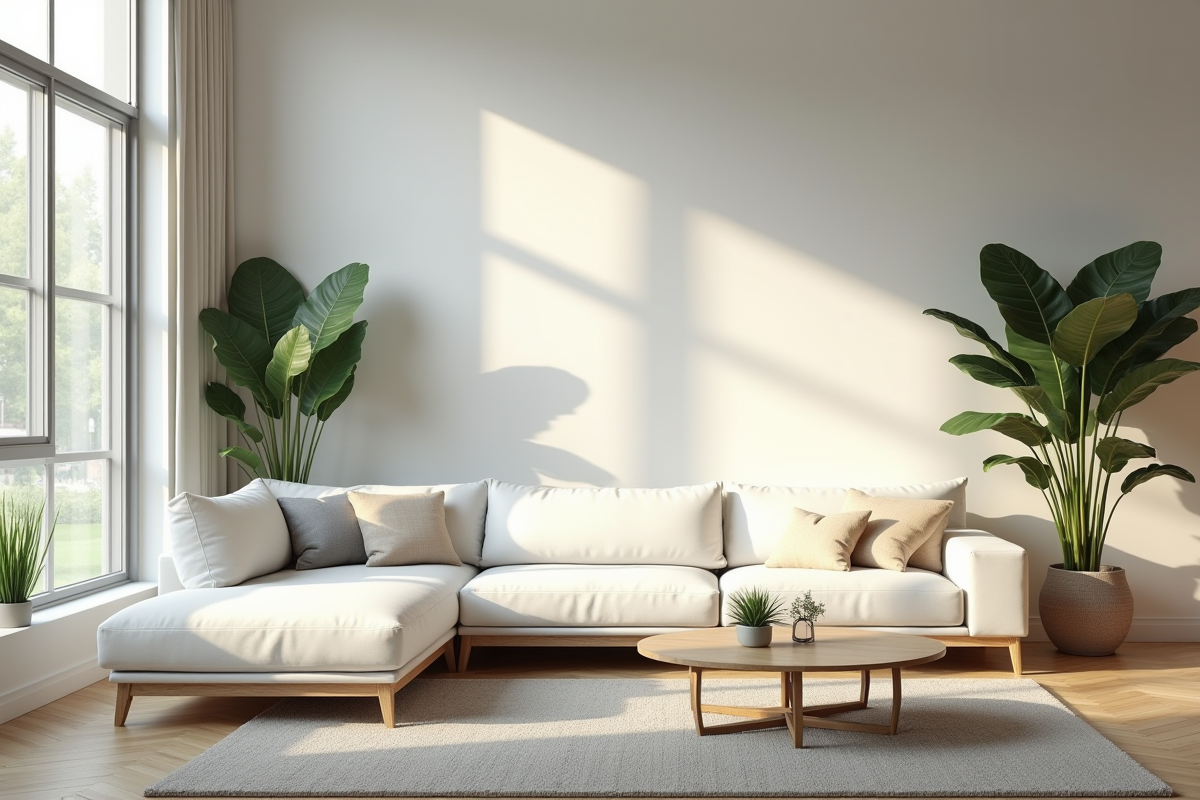 Salon moderne avec canapé blanc et plantes vertes