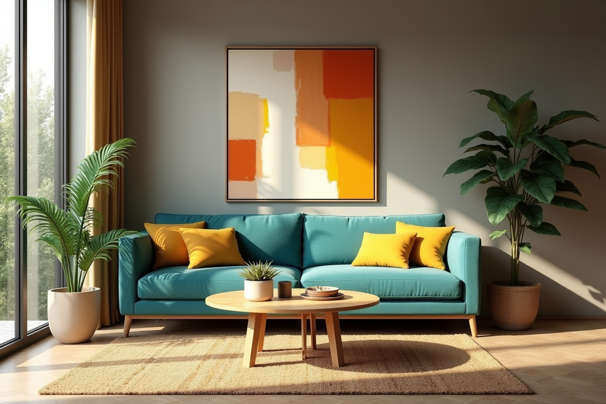 Salon moderne avec canapé teal et tableau abstrait