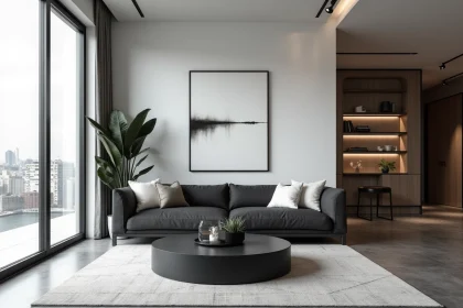 Salon moderne décoré en noir gris et blanc avec canapé en lin gris anthracite, table basse noire et tapis géométrique gris clair