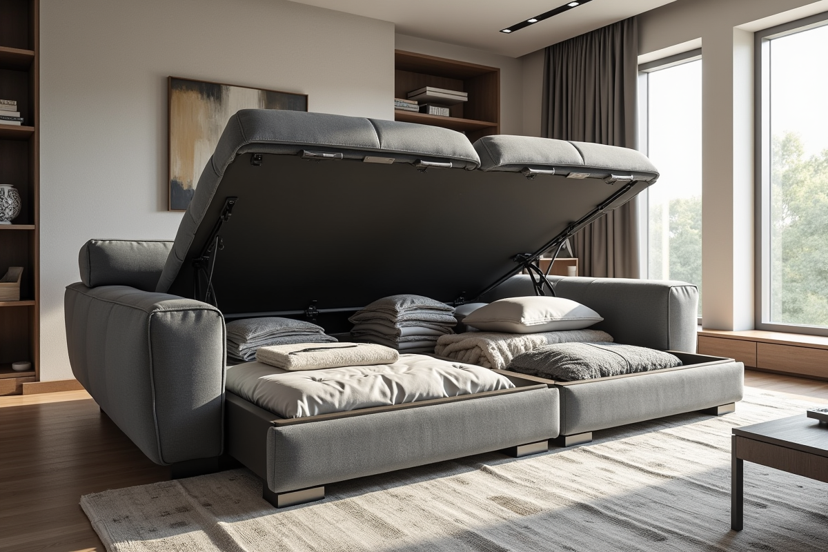 Salon moderne avec canapé gris et rangement intégré lumineux