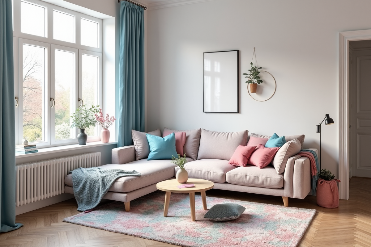 Salon scandinave avec canape pastel et grande fenetre