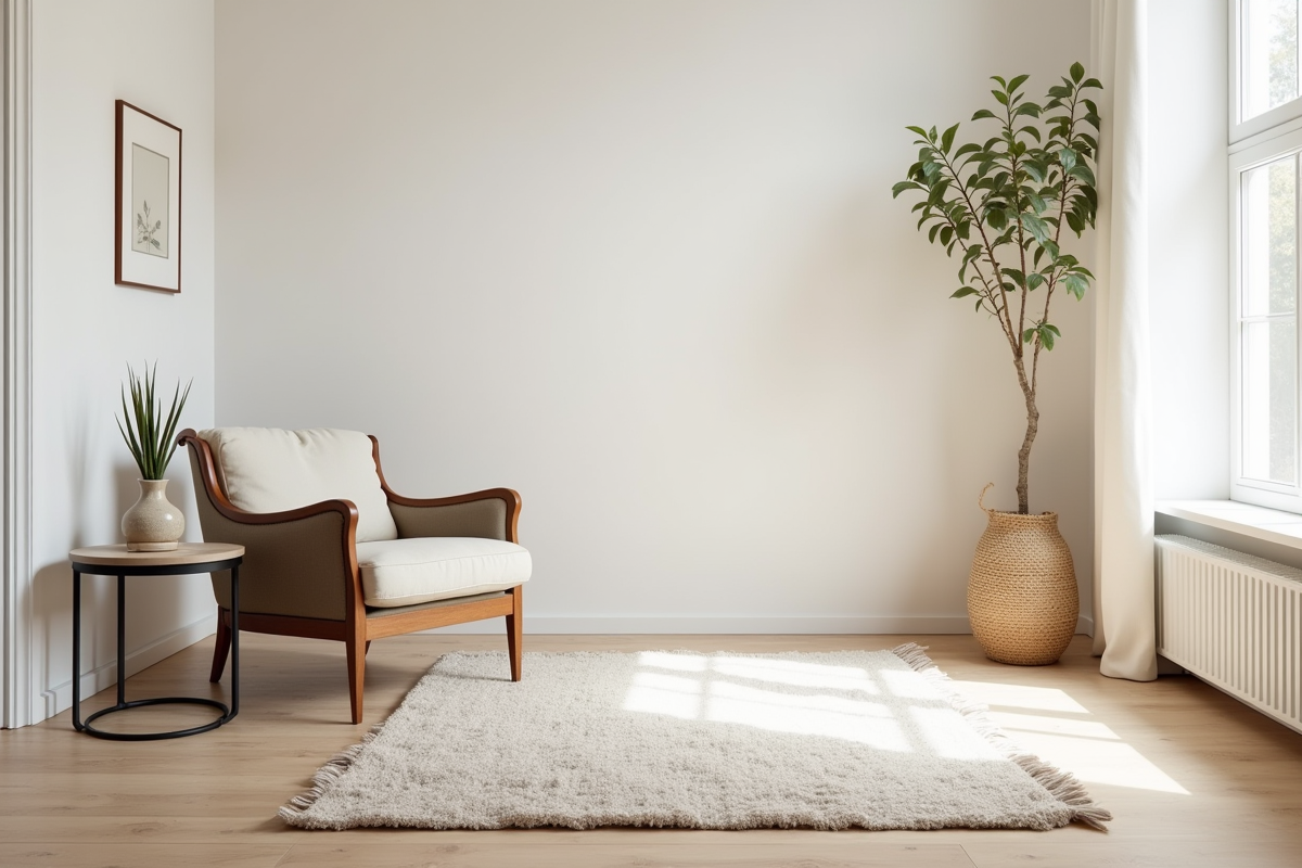 Salon scandinave avec tapis doux et fauteuil vintage