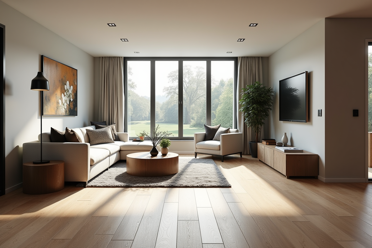 Espace de vie moderne dans un sous-sol lumineux avec mobilier élégant