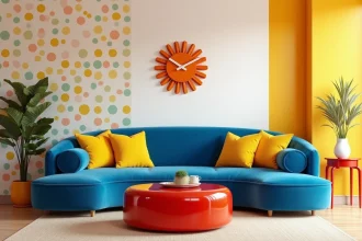 Salon décoré en style pop design avec canapé bleu cobalt, table basse rouge laquée et horloge rétro orange dans un intérieur contemporain coloré