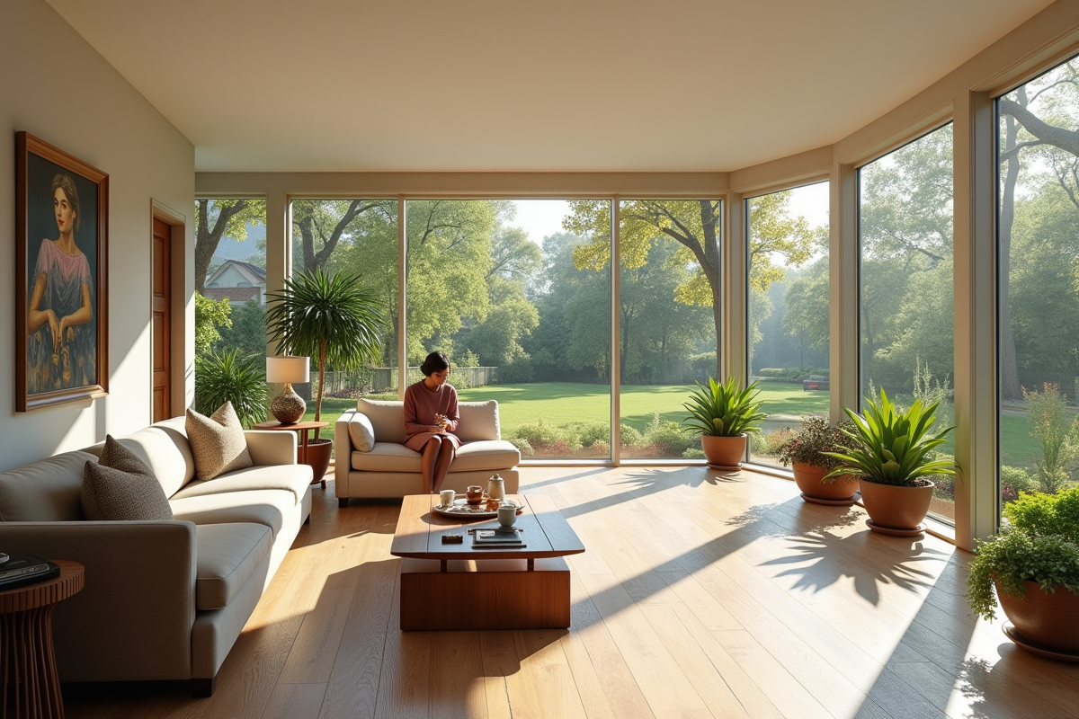 Salon aménagé avec vue sur le jardin depuis la veranda