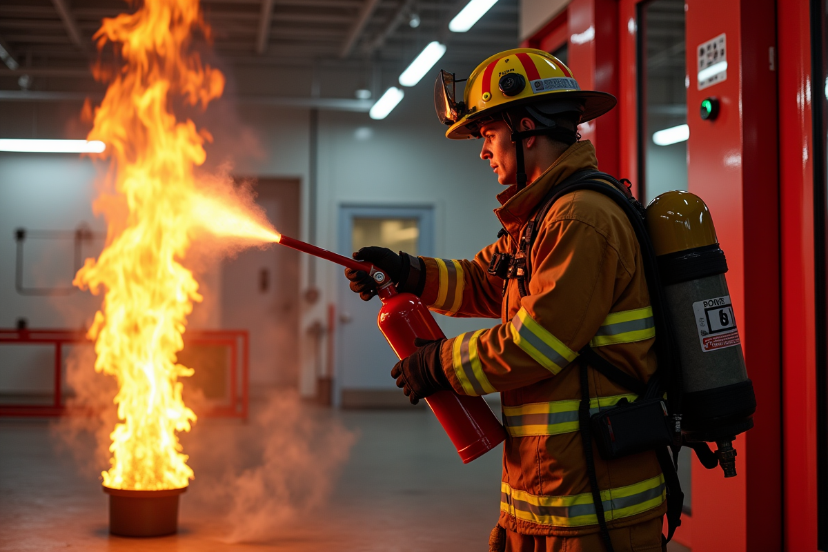 Pompiers en action utilisant un extincteur en intérieur