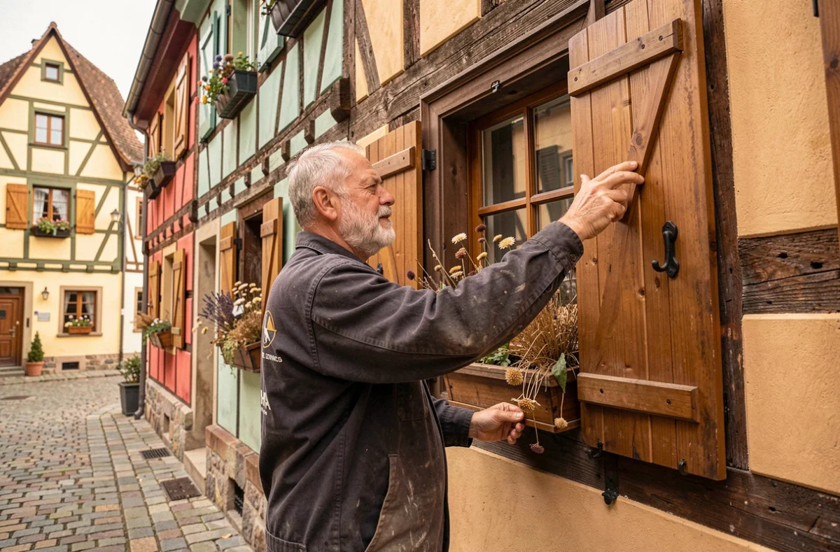 Artisan de Schweitzer S.A.S à Colmar posant des volets en bois sur la façade d'une maison alsacienne à colombages colorés dans le centre historique