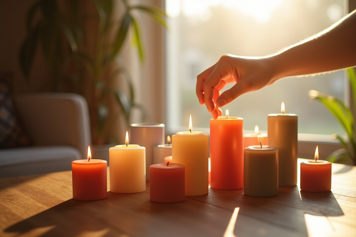 Main choisissant une bougie dans une ambiance chaleureuse