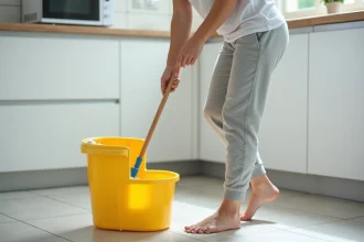 Femme utilisant une serpillière essoreuse avec seau à pédale dans une cuisine moderne au carrelage gris