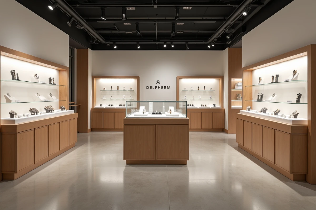 Showroom de montres et accessoires présentant des produits Delpherm aux côtés de grandes marques concurrentes sur des présentoirs minimalistes en bois