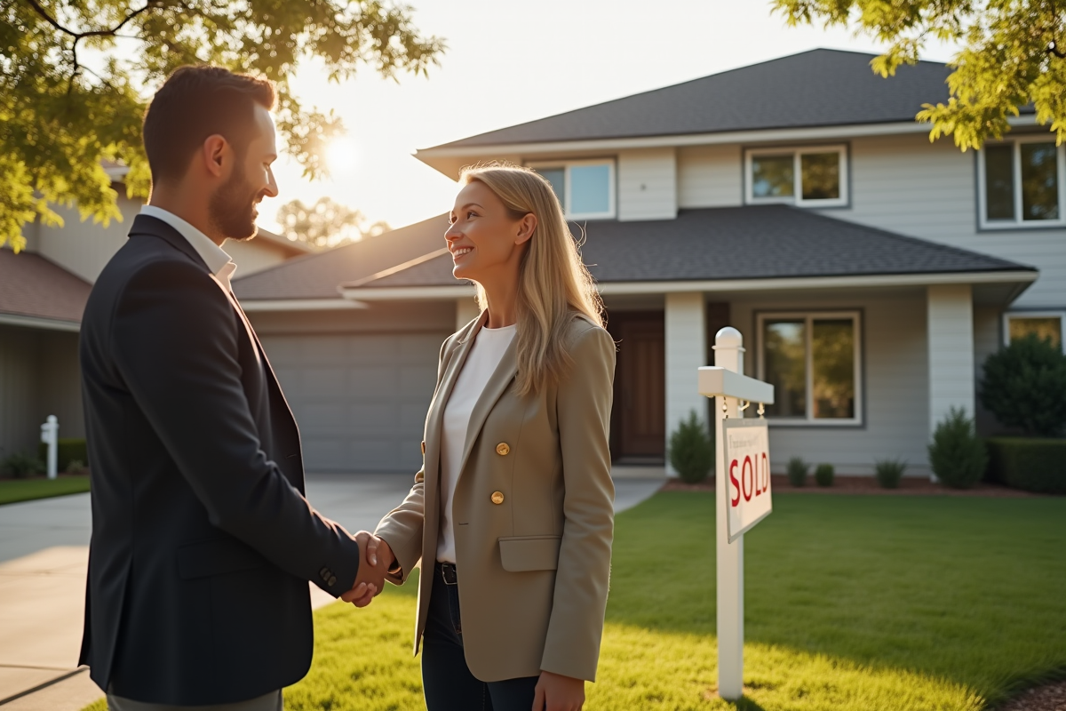 Couple et agent immobilier devant une maison moderne en signe de vente