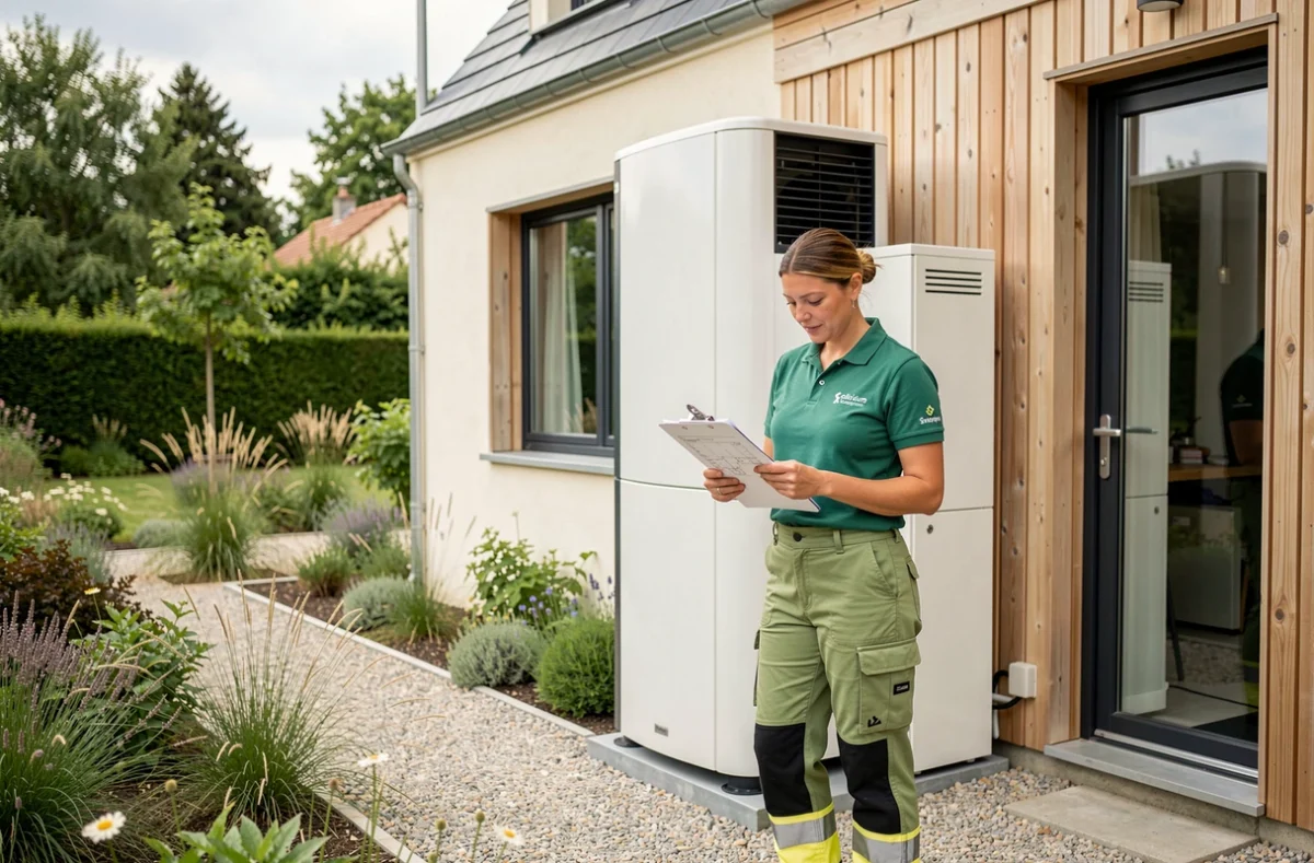 Spécialiste Solixium Énergie consultant des plans techniques devant une pompe à chaleur sur maison écologique