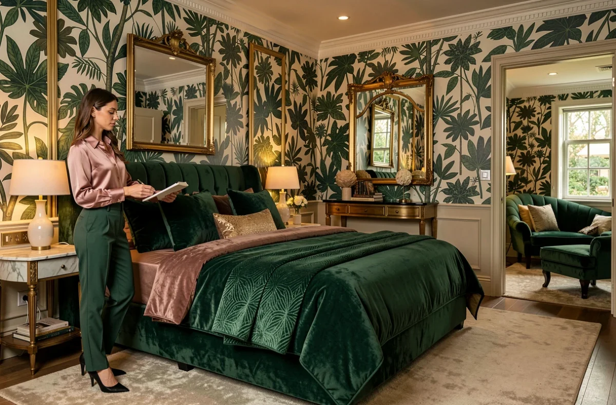 Décoratrice de Suite 13 présentant une chambre luxueuse avec literie en velours, papier peint botanique et cadres dorés vieillis