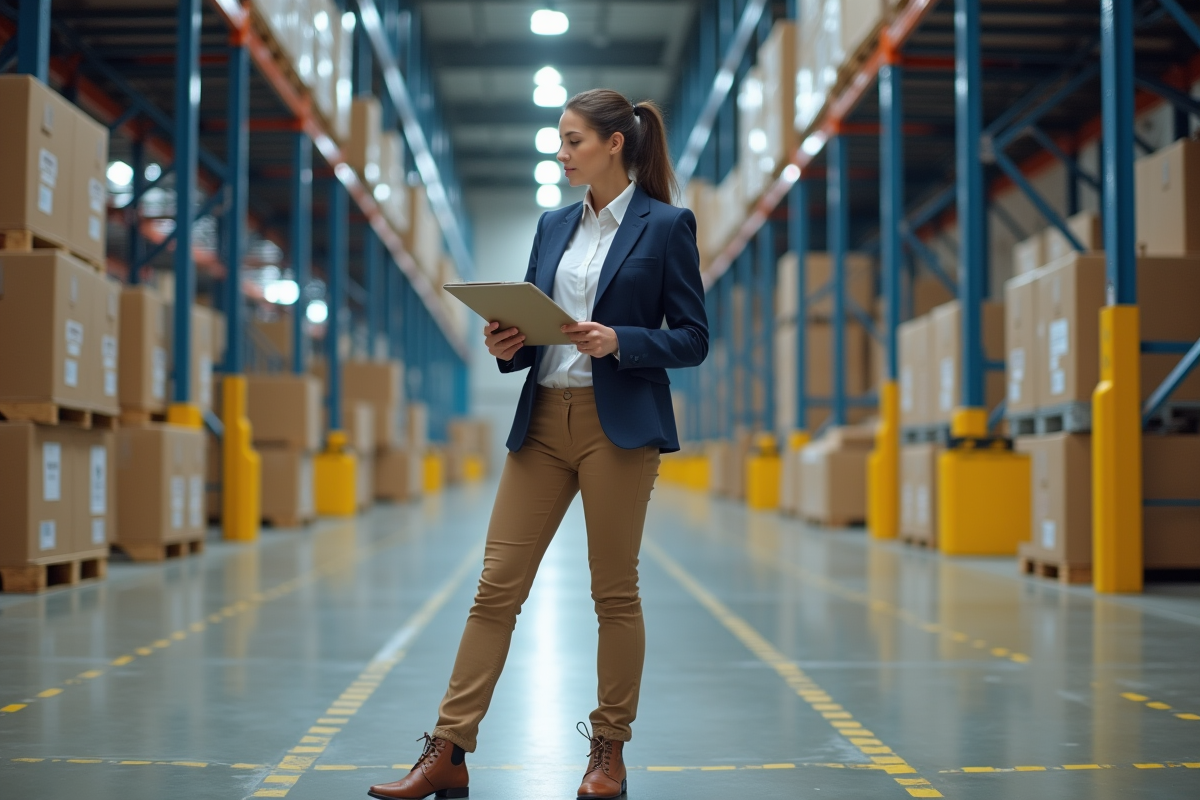 Superviseure logistique inspectant les palettes