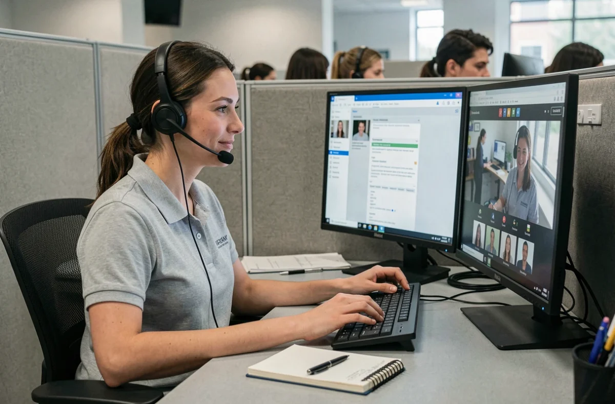 Une conseillère du support CSE aide un salarié Maisons du Monde par téléphone depuis un centre d'assistance