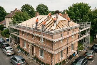 Surélévation d'une maison individuelle avec structure en bois et échafaudage, ouvriers en tenue de chantier sur fond de quartier résidentiel