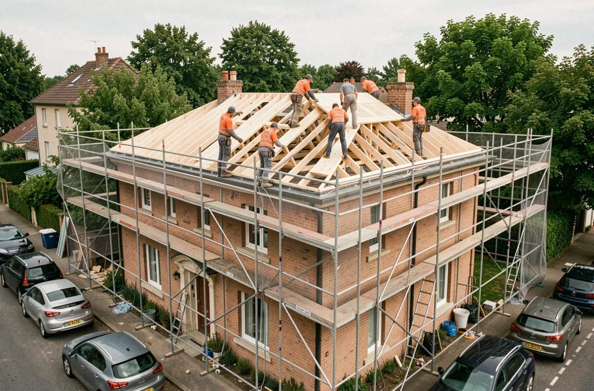 Surélévation d'une maison individuelle avec structure en bois et échafaudage, ouvriers en tenue de chantier sur fond de quartier résidentiel