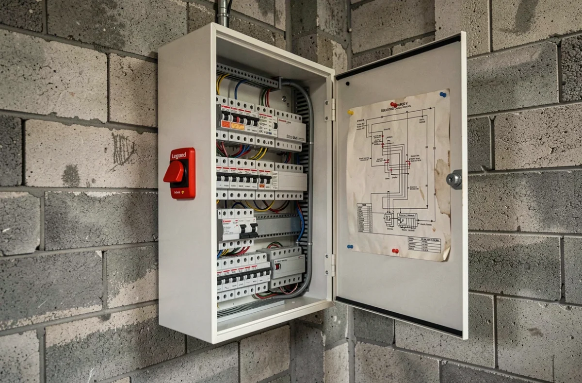 Vue d'ensemble d'un tableau électrique résidentiel ouvert avec bouton poussoir Legrand installé correctement