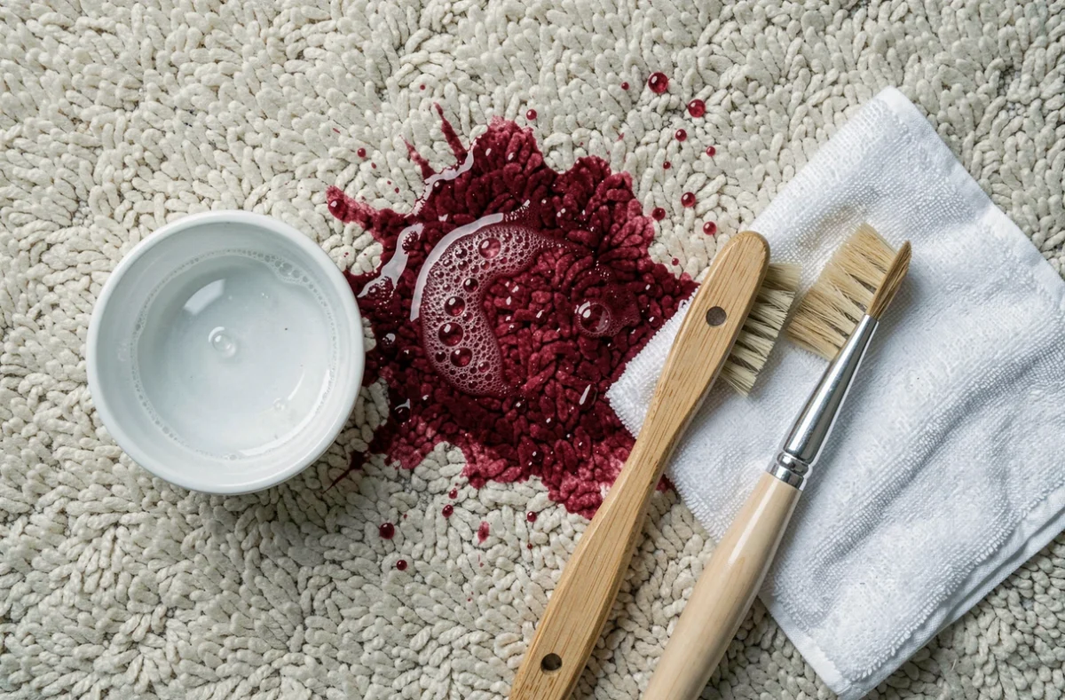 Vue de dessus d'une tache de framboise sur moquette crème avec produits nettoyants et chiffon microfibre