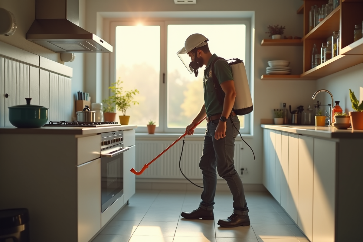Technicien en lutte antiparasitaire dans une cuisine moderne propre