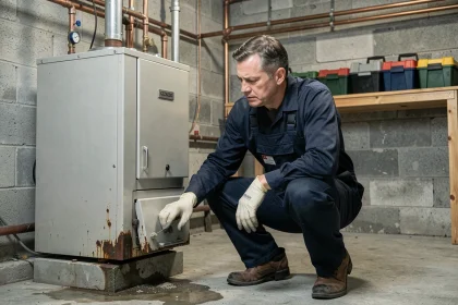 Technicien de chauffage inspectant une fuite à la base d'une chaudière fioul dans une chaufferie de maison