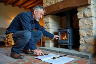 Technicien inspectant l'installation d'un insert à granulé dans une ancienne cheminée en pierre
