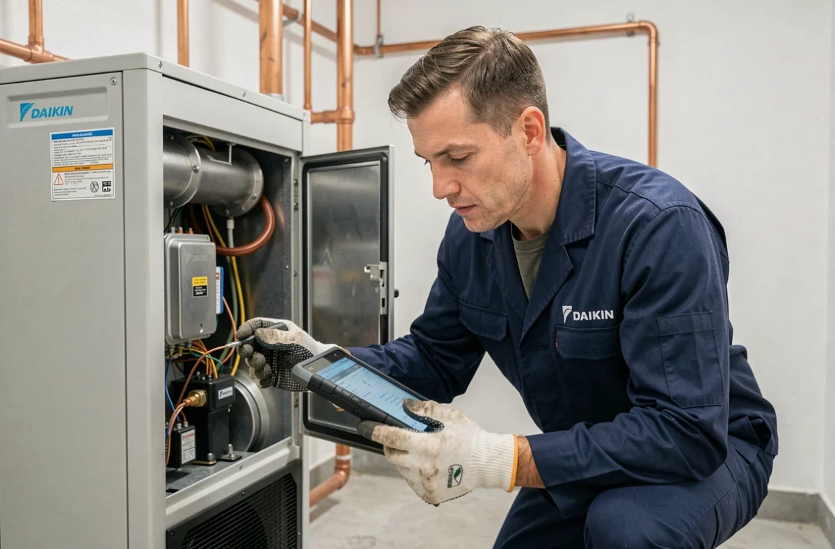 Technicien HVAC inspectant une pompe à chaleur Daikin dans une salle technique moderne